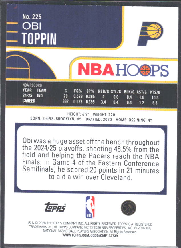 Obi Toppin 2025-26 NBA Hoops #225 – baksida