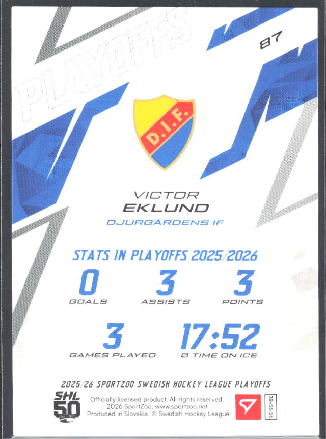 Victor Eklund 2025-26 SHL Playoffs #87 – baksida