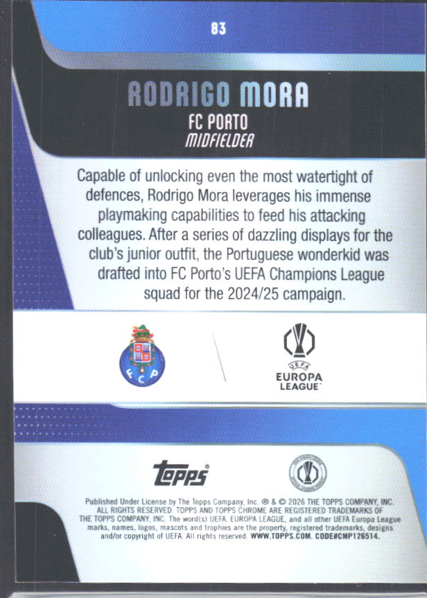Rodrigo Mora 2025-26 Chrome UEFA Future Stars #83 – baksida