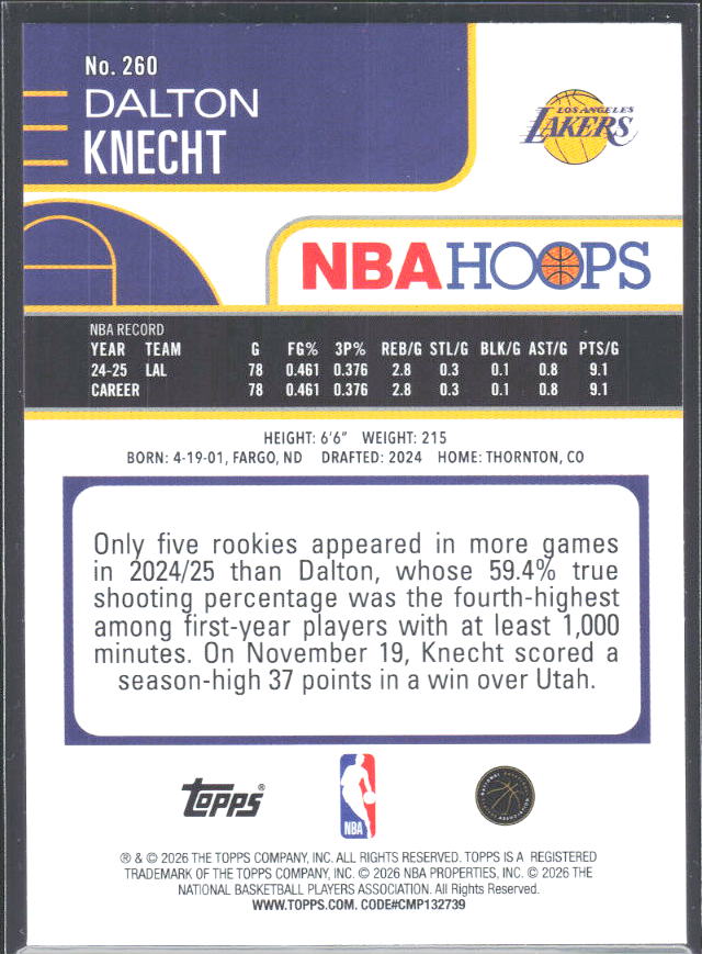 Dalton Knecht 2025-26 NBA Hoops #260 – baksida
