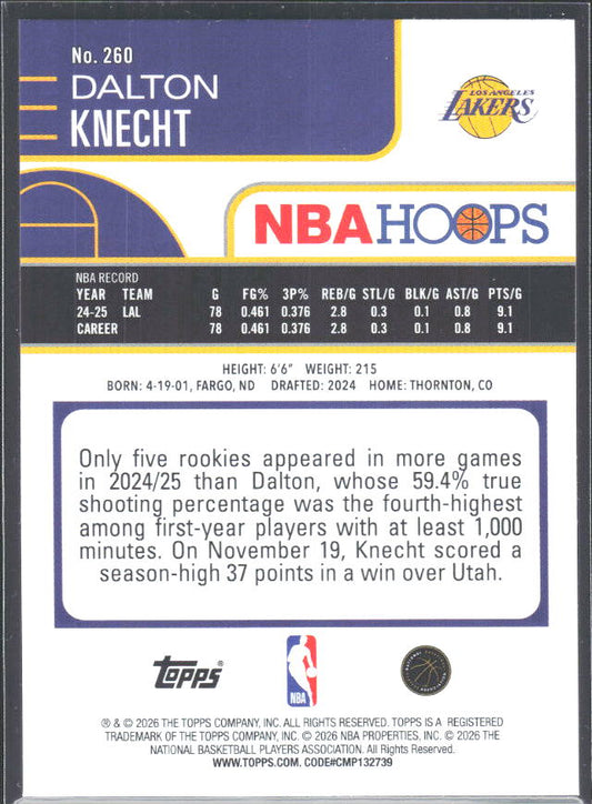 Dalton Knecht 2025-26 NBA Hoops #260 – baksida