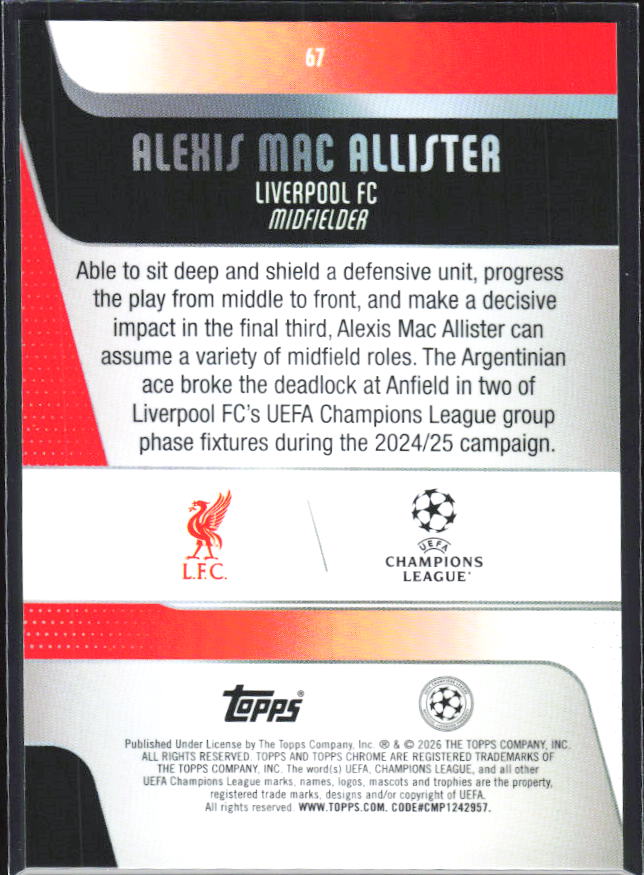 Alexis Mac Allister 2025-26 Chrome UEFA #67 – baksida