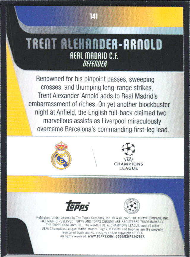 Trent Alexander-Arnold 2025-26 Chrome UEFA #141 – baksida