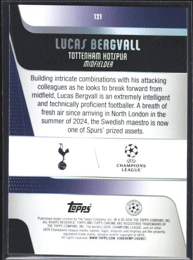 Lucas Bergvall 2025-26 Chrome UEFA #121 – baksida