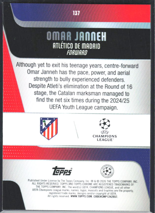 Omar Janneh 2025-26 Chrome UEFA RC #137 – baksida