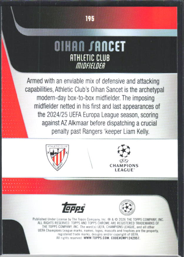 Oihan Sancet 2025-26 Chrome UEFA #195 – baksida