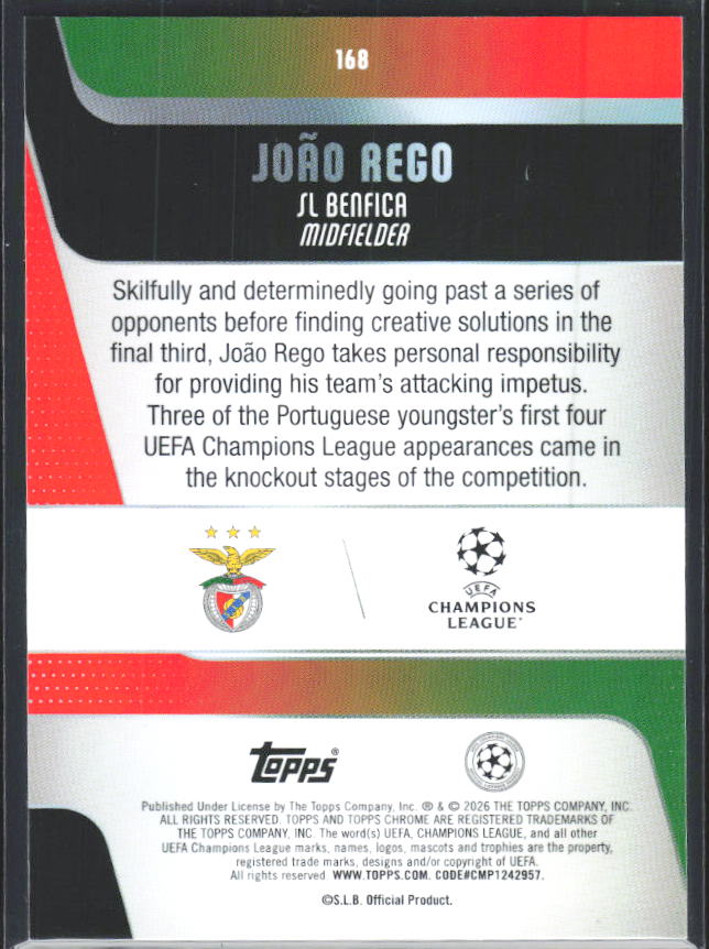 João Rego 2025-26 Chrome UEFA RC #168 – baksida