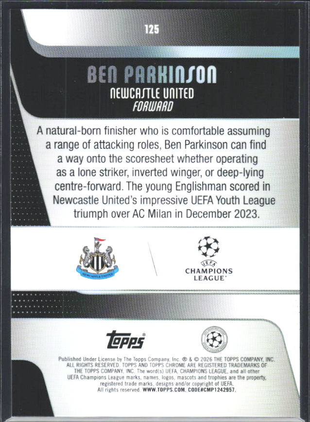 Ben Parkinson 2025-26 Chrome UEFA RC #125 – baksida