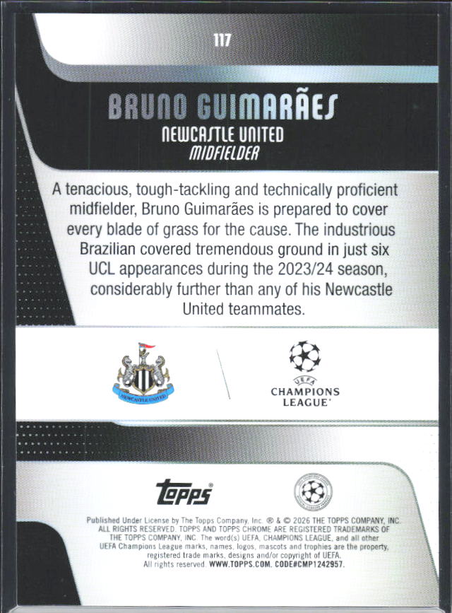 Bruno Guimarães 2025-26 Chrome UEFA #117 – baksida