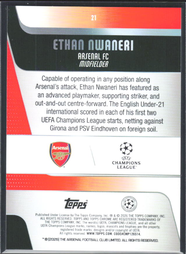 Ethan Nwaneri 2025-26 Chrome UEFA Future Stars #21 – baksida