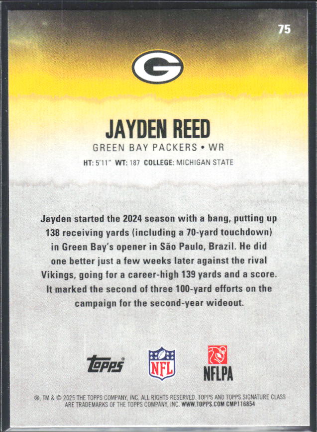 Jayden Reed 2025 Signature Class #75 – baksida