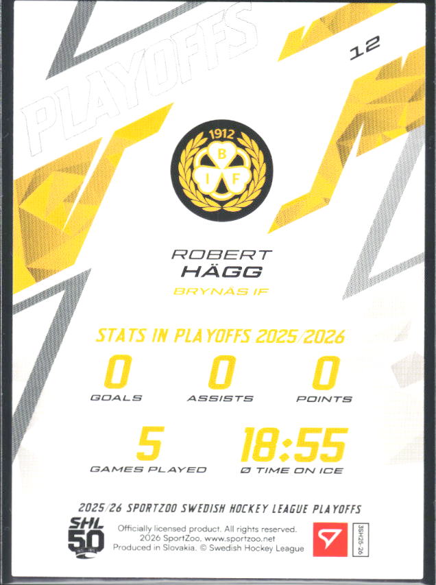 Robert Hägg 2025-26 SHL Playoffs #12 – baksida