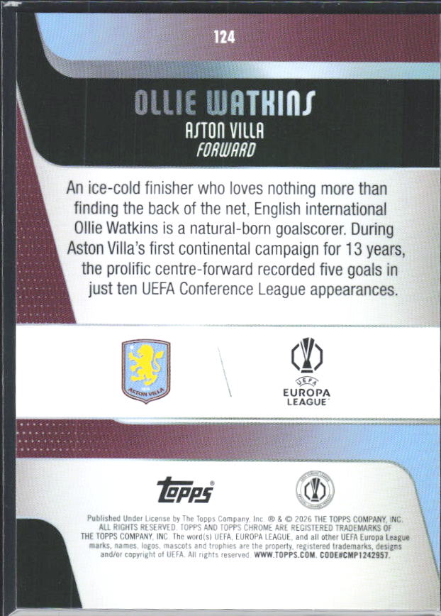Ollie Watkins 2025-26 Chrome UEFA #124 – baksida