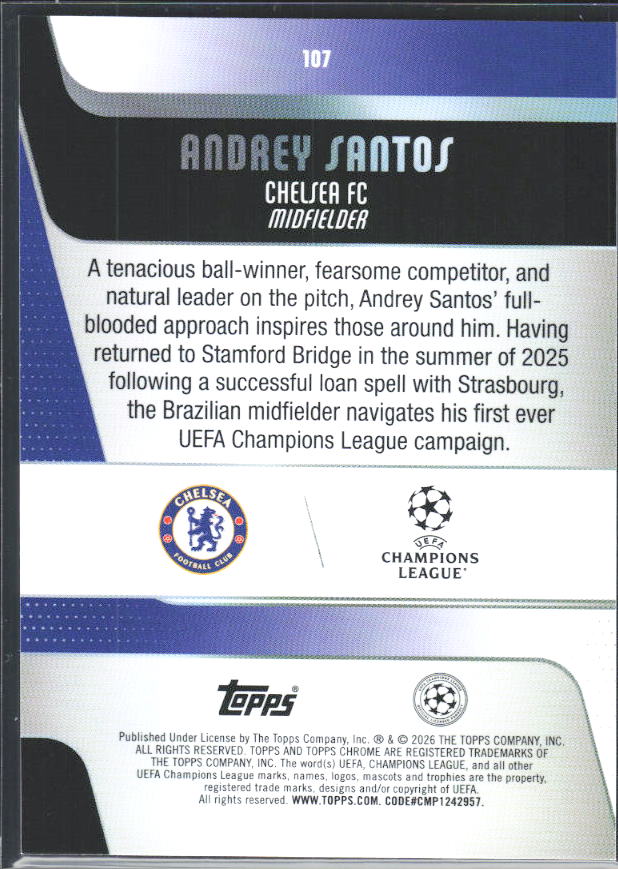 Andrey Santos 2025-26 Chrome UEFA #107 – baksida