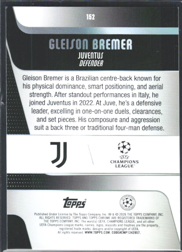 Gleison Bremer 2025-26 Chrome UEFA #152 – baksida