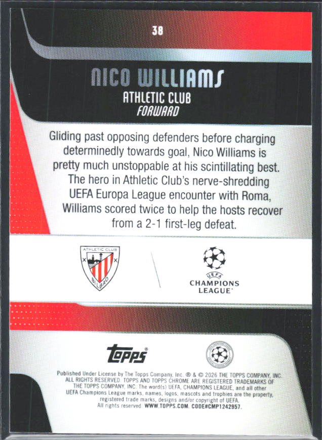 Nico Williams 2025-26 Chrome UEFA #38 – baksida