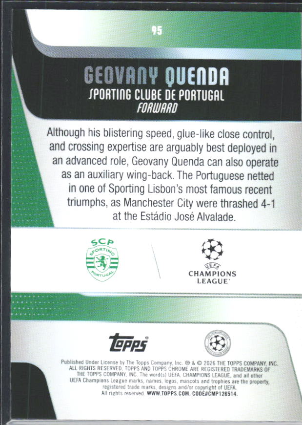 Geovany Quenda 2025-26 Chrome UEFA Future Stars #95 – baksida