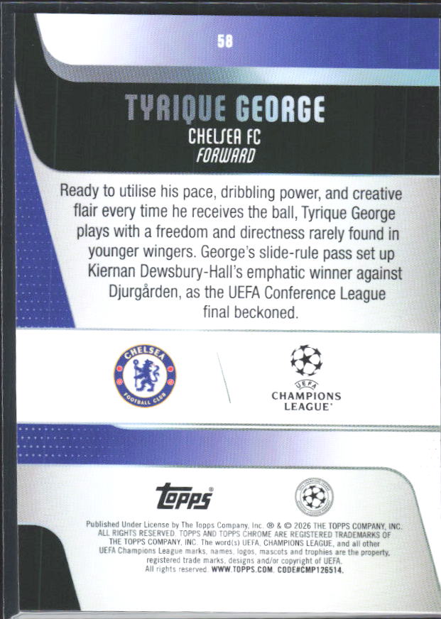Tyrique George 2025-26 Chrome UEFA Future Stars #58 – baksida