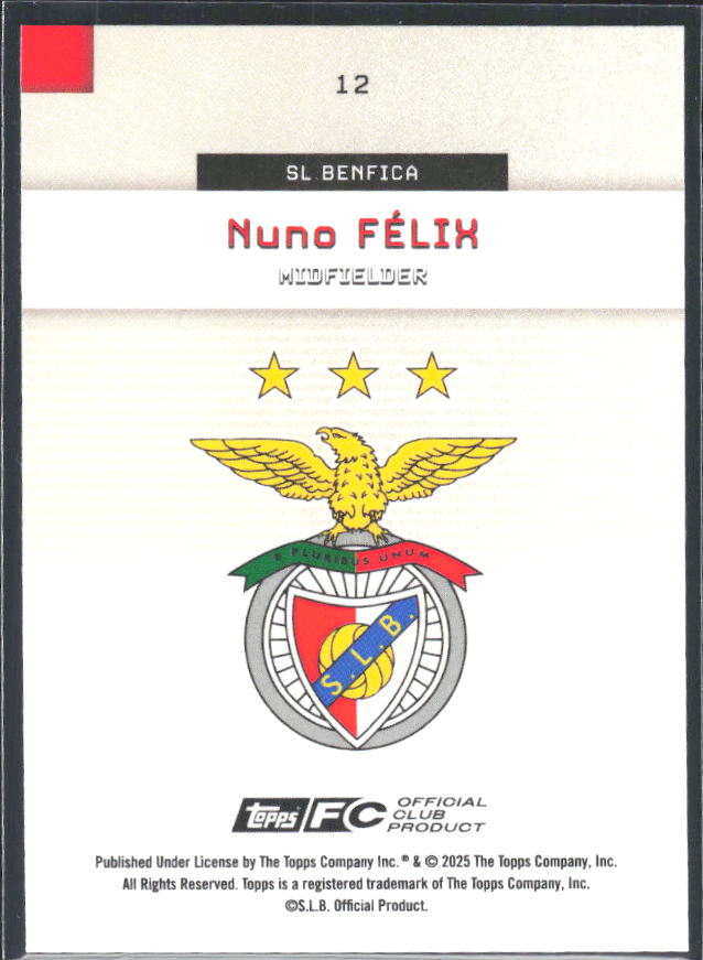 Nuno Félix 2025-26 SL Benfica Team Set RC #12 – baksida