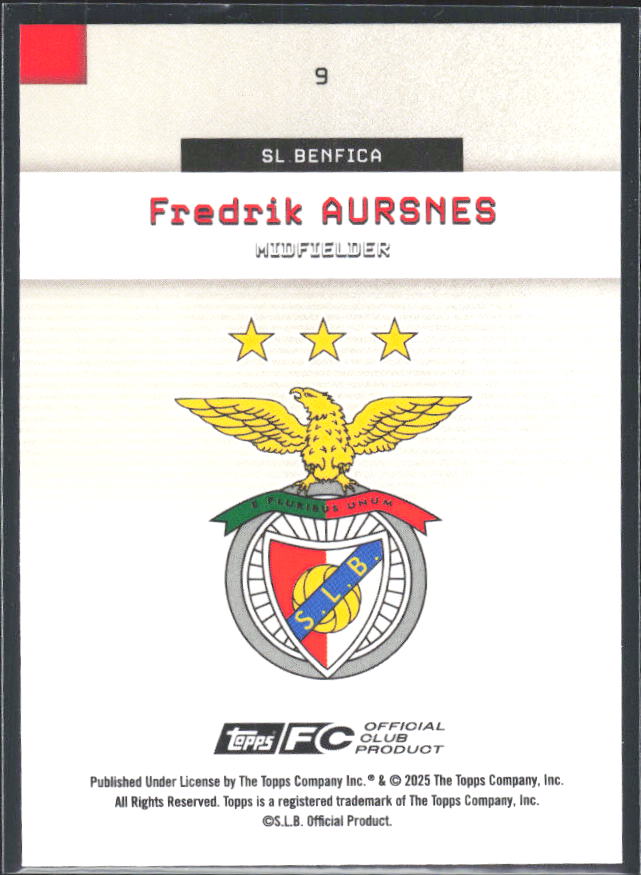 Fredrik Aursnes 2025-26 SL Benfica Team Set #9 – baksida