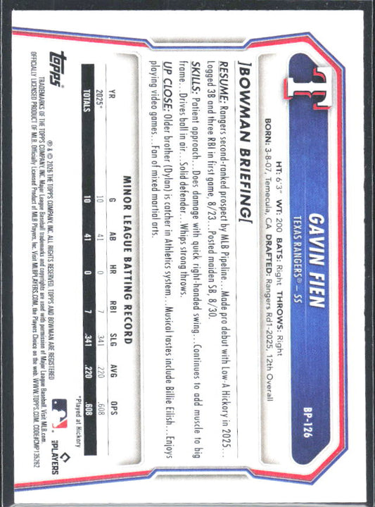 Gavin Fien 2026 Bowman Prospects #BP-126 – baksida