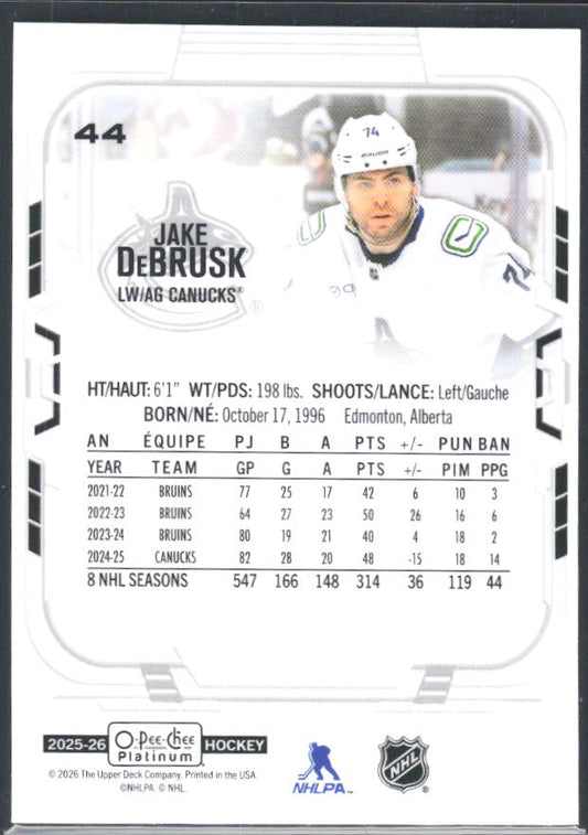 Jake DeBrusk 2025-26 O-Pee-Chee Platinum #44 – baksida