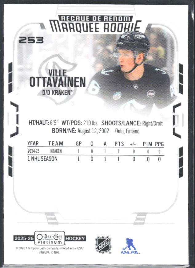 Ville Ottavainen 2025-26 O-Pee-Chee Platinum Marquee Rookie #253 – baksida