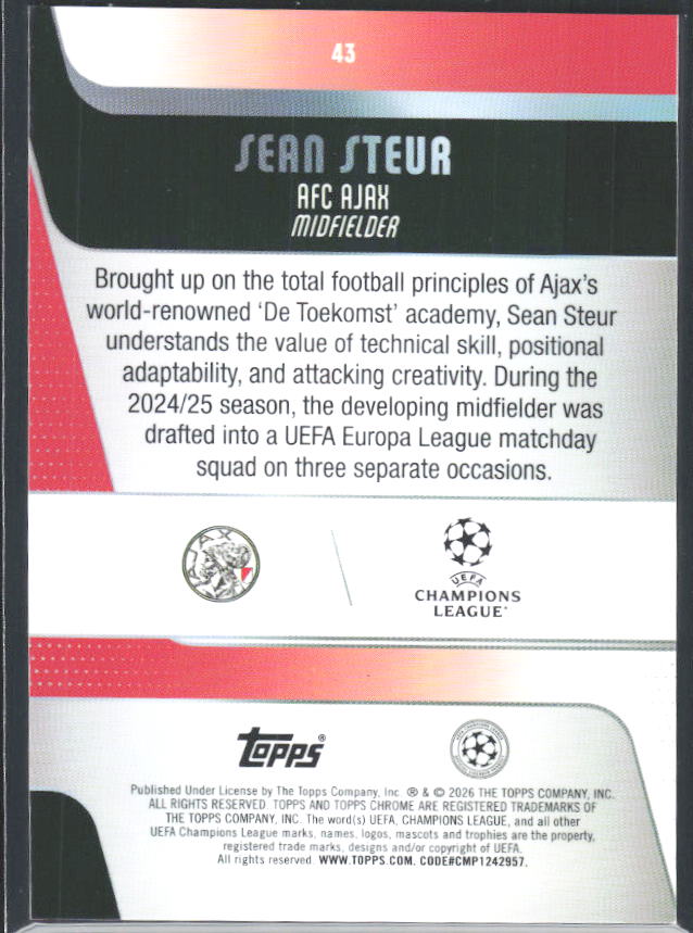Sean Steur 2025-26 Chrome UEFA RC #43 – baksida