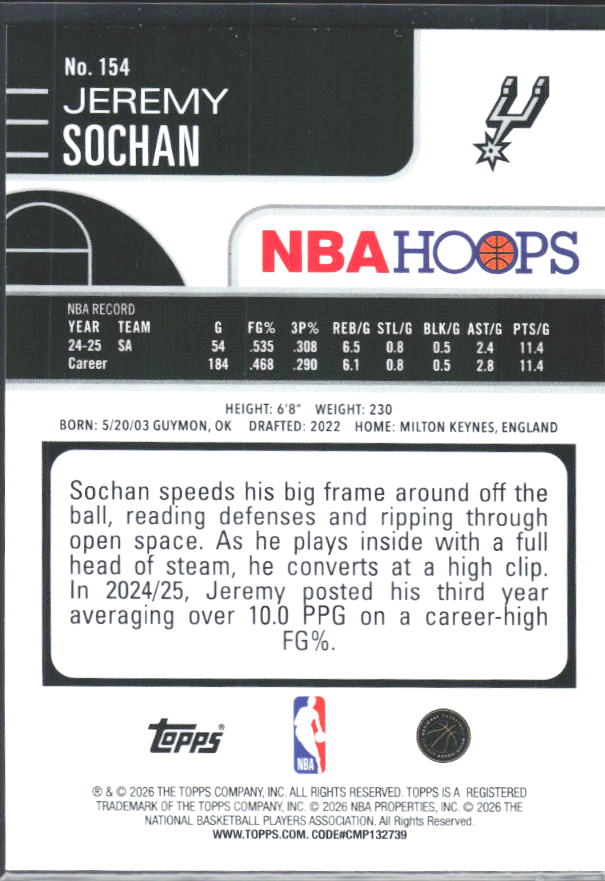 Jeremy Sochan 2025-26 NBA Hoops #154 – baksida