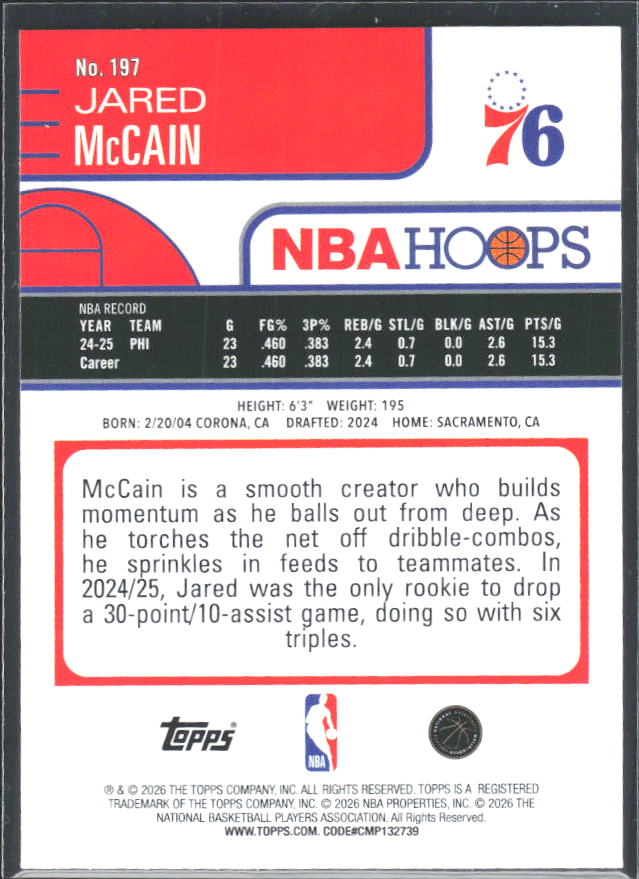 Jared McCain 2025-26 NBA Hoops #197 – baksida