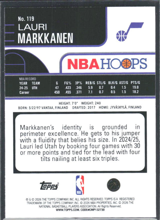 Lauri Markkanen 2025-26 NBA Hoops #119 – baksida