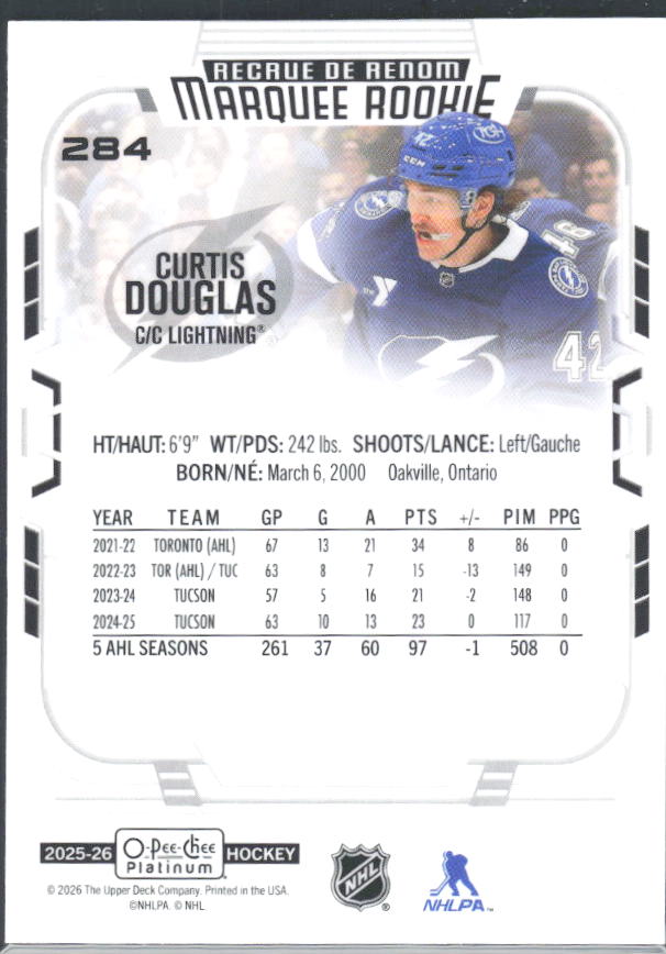 Curtis Douglas 2025-26 O-Pee-Chee Platinum Marquee Rookie #284 – baksida