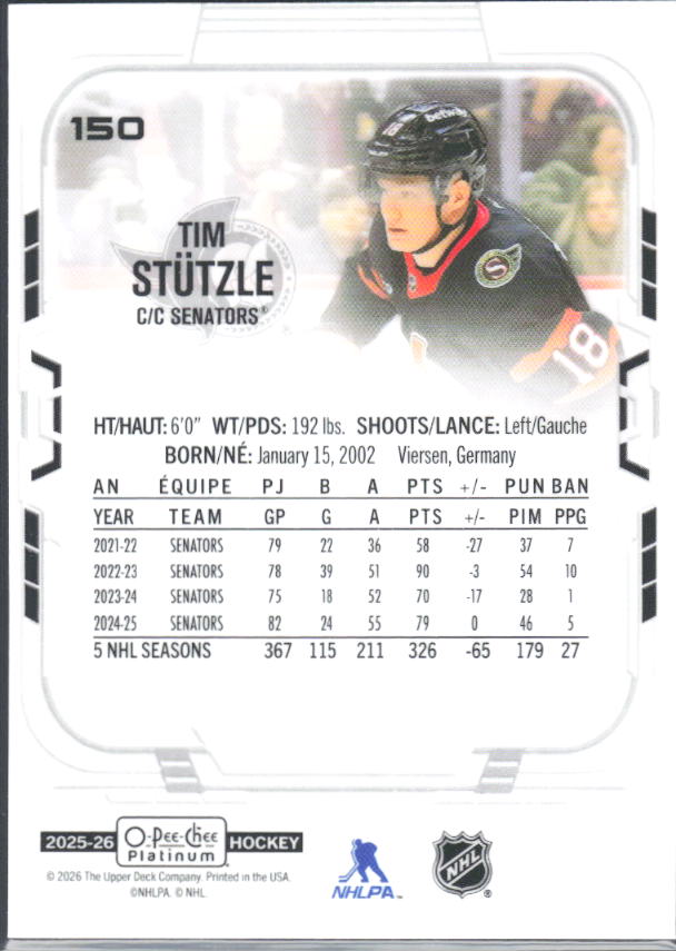 Tim Stützle 2025-26 O-Pee-Chee Platinum #150 – baksida