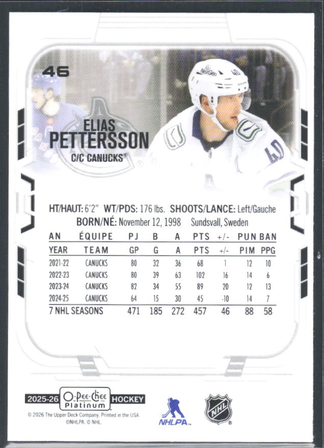 Elias Pettersson 2025-26 O-Pee-Chee Platinum #46 – baksida