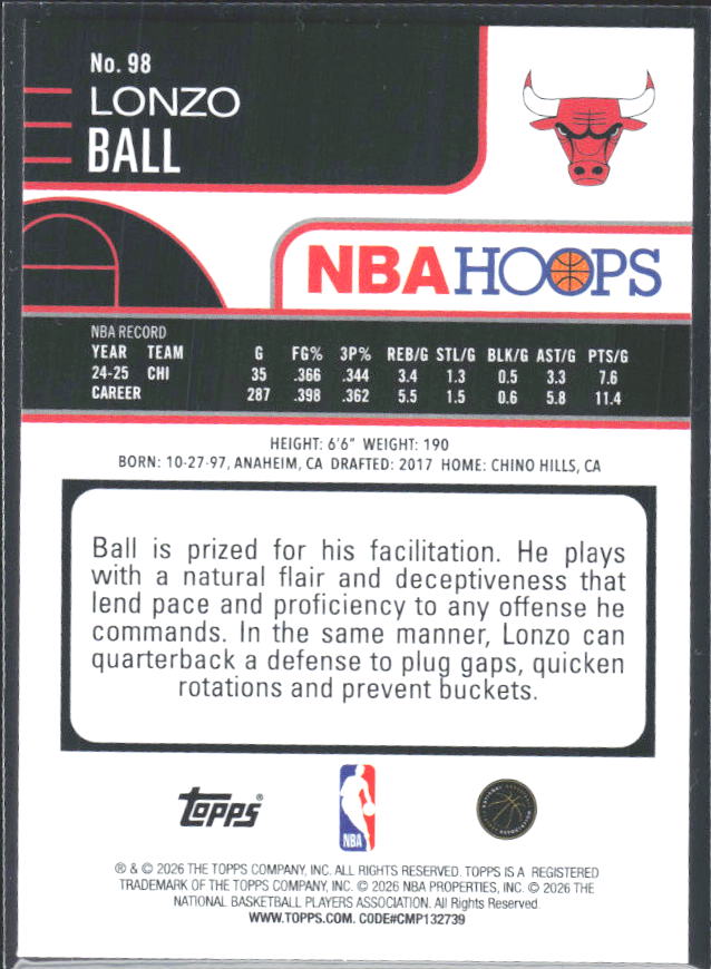 Lonzo Ball 2025-26 NBA Hoops #98 – baksida