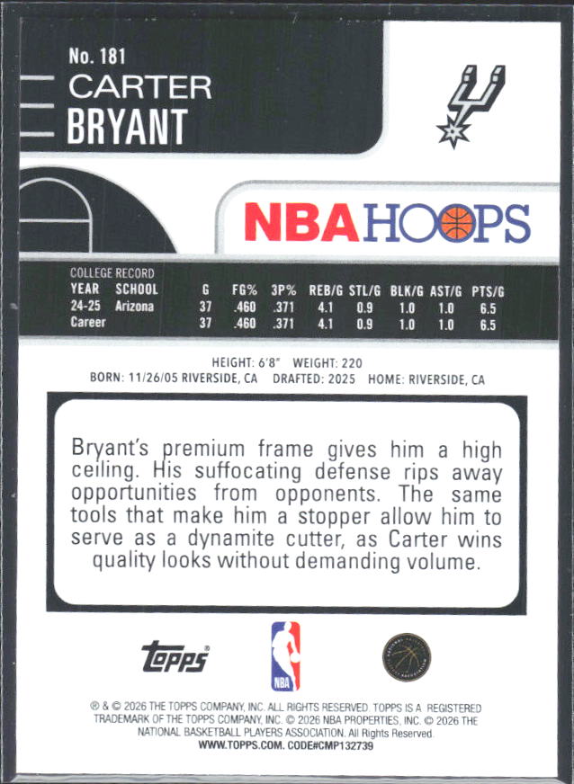 Carter Bryant 2025-26 NBA Hoops RC #181 – baksida