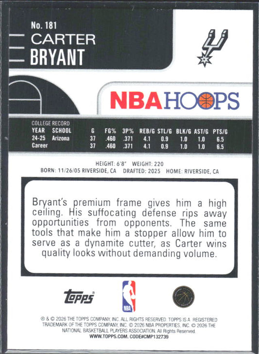 Carter Bryant 2025-26 NBA Hoops RC #181 – baksida
