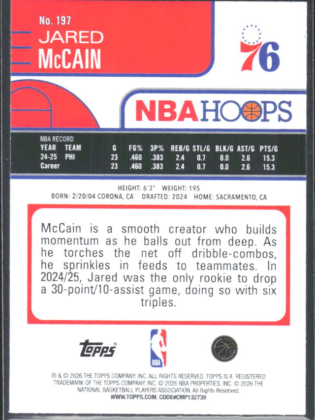 Jared McCain 2025-26 NBA Hoops #197 – baksida