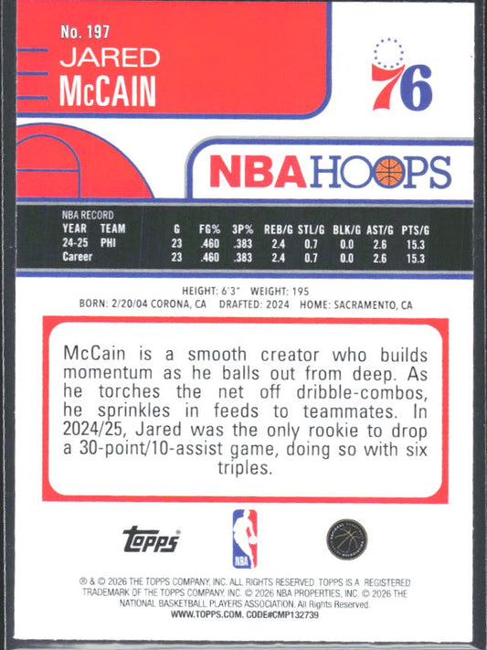 Jared McCain 2025-26 NBA Hoops #197 – baksida