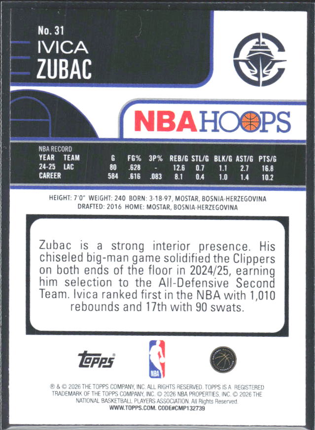 Ivica Zubac 2025-26 NBA Hoops #31 – baksida