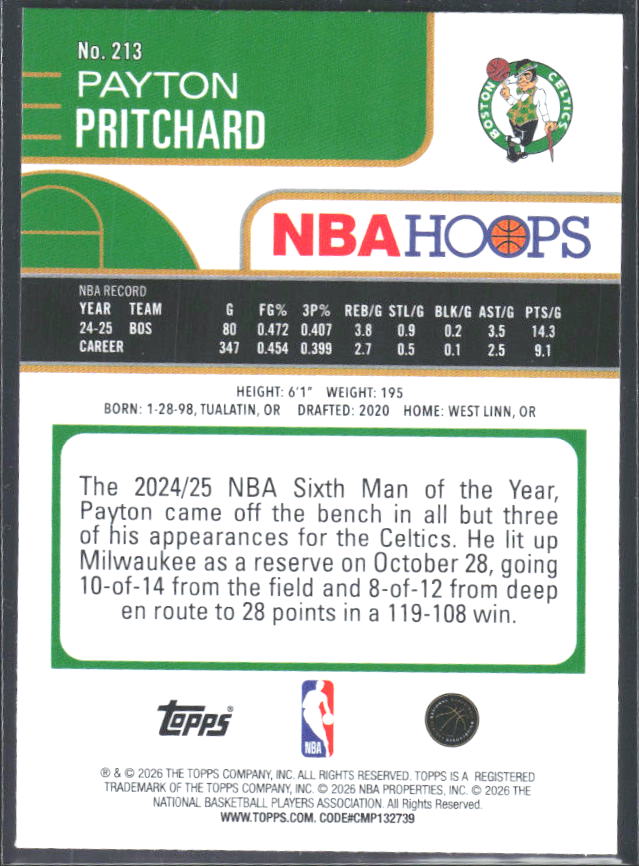 Payton Pritchard 2025-26 NBA Hoops #213 – baksida