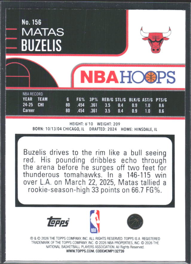 Matas Buzelis 2025-26 NBA Hoops #156 – baksida