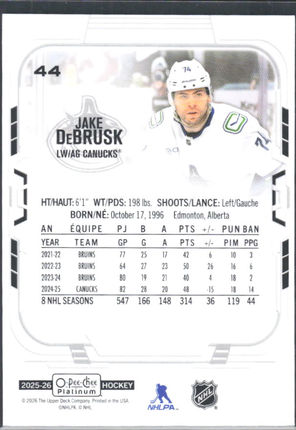 Jake DeBrusk 2025-26 O-Pee-Chee Platinum #44 – baksida