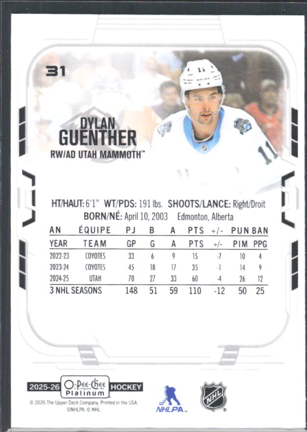 Dylan Guenther 2025-26 O-Pee-Chee Platinum #31 – baksida