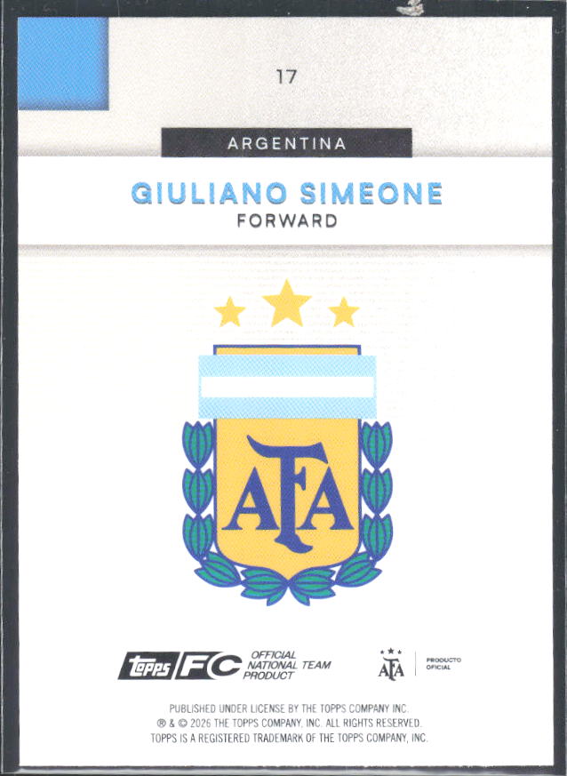 Giuliano Simeone 2026 Argentina Team Set #17 – baksida