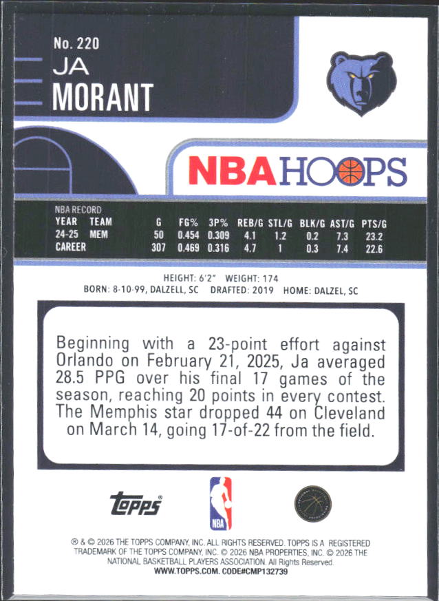 Ja Morant 2025-26 NBA Hoops #220 – baksida