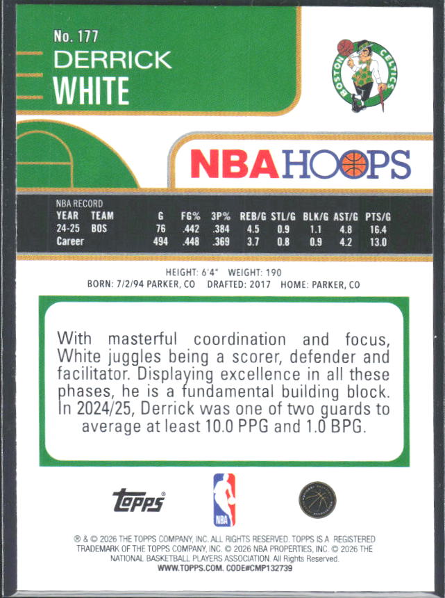 Derrick White 2025-26 NBA Hoops #177 – baksida
