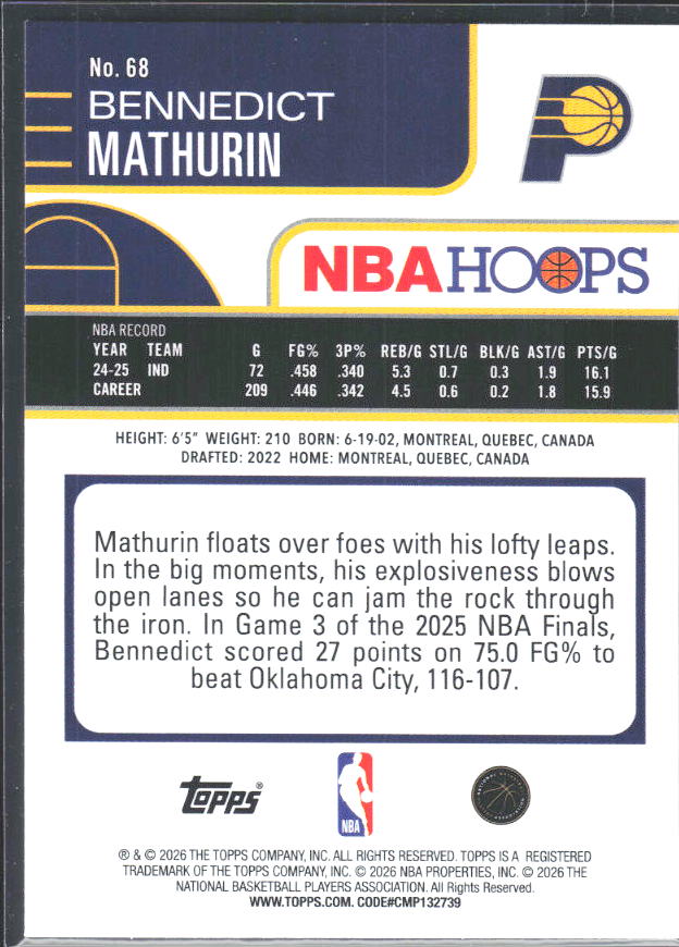 Bennedict Mathurin 2025-26 NBA Hoops #68 – baksida