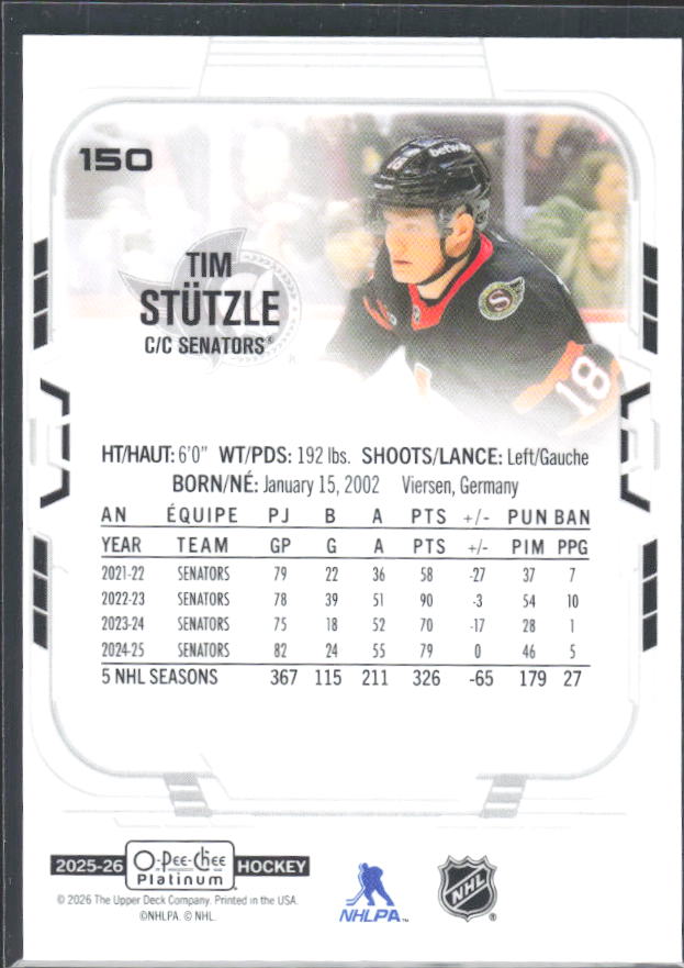 Tim Stützle 2025-26 O-Pee-Chee Platinum #150 – baksida