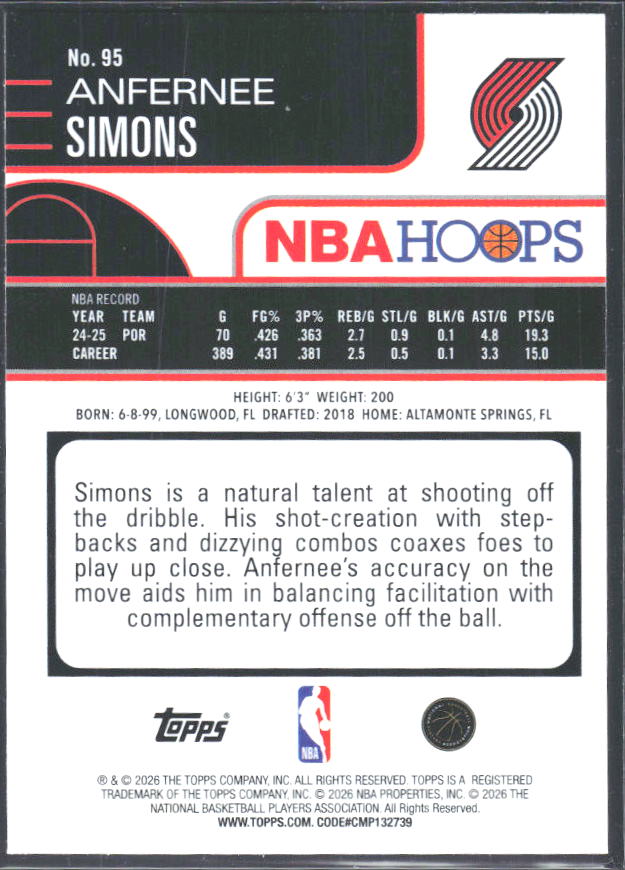 Anfernee Simons 2025-26 NBA Hoops #95 – baksida